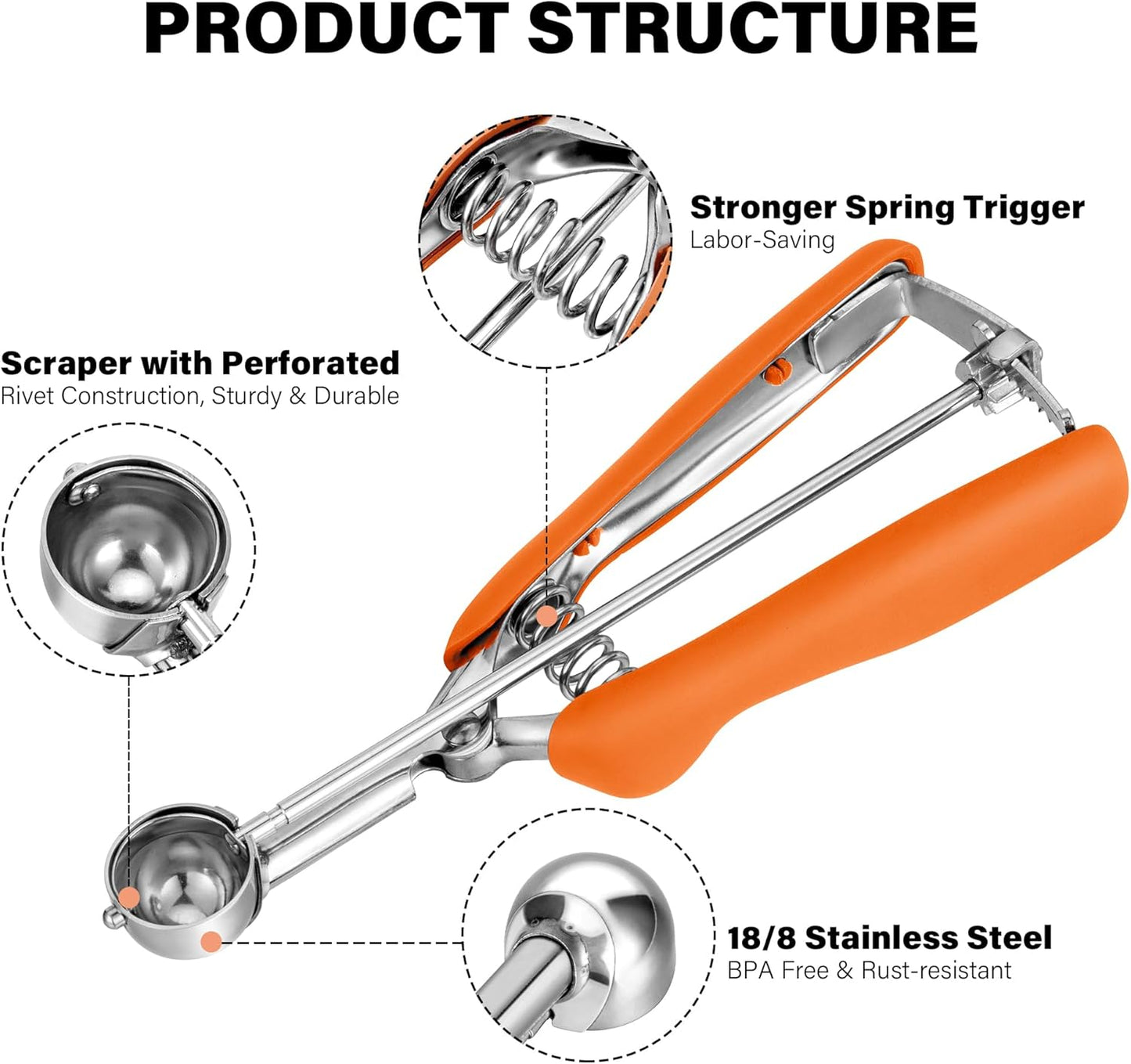 TJ POP Extra Small Cookie Scoop, 1 Tsp Cookie Scoop, Mini Ice Cream Scoop for Melon Baller, Cookie Dough, 0.2oz/ 25mm, Easy Squeeze & Release, Orange