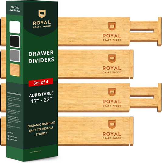 Drawer Divider and Organizer for Kitchen Organization - Adjustable Bamboo Drawer Dividers Organizers (17 - 22") - 4-Pack Expandable Drawer Organization Separators for Kitchen, Bedroom & More, Natural
