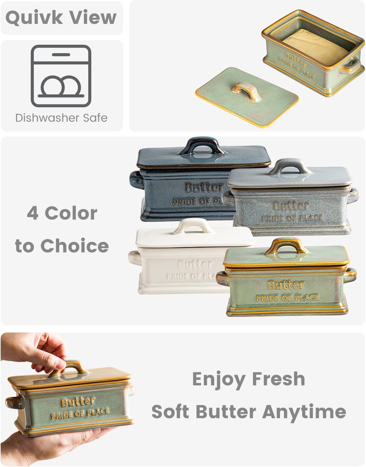 Butter Dish with Lid, Ceramic Butter Holder Container Large Butter Dish for Countertop Farmhouse Decor Butter Keeper for East West Coast Butter, Green