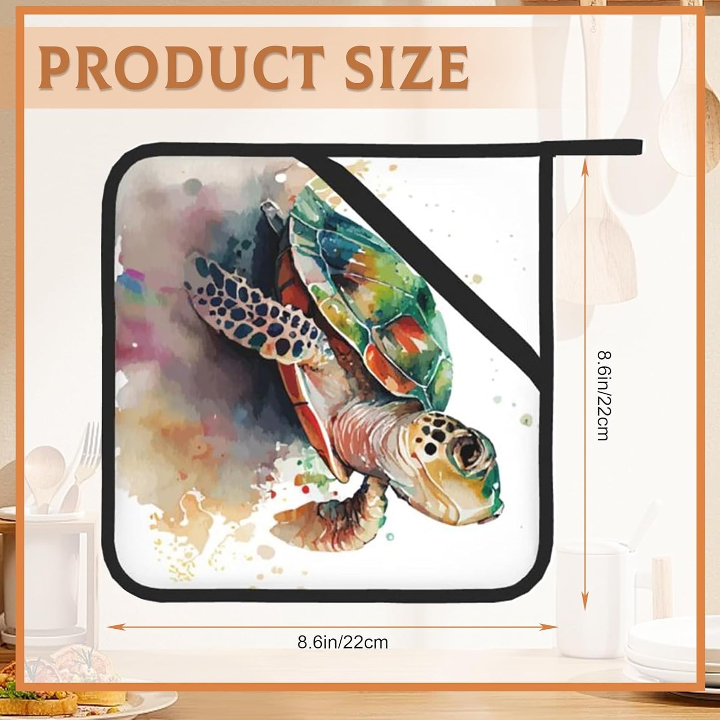 2PCS Turtle Watercolour Pot Holder with Loop,Heat Resistant Oven Pads,Hot Pat for Kitchen Cooking Baking Food