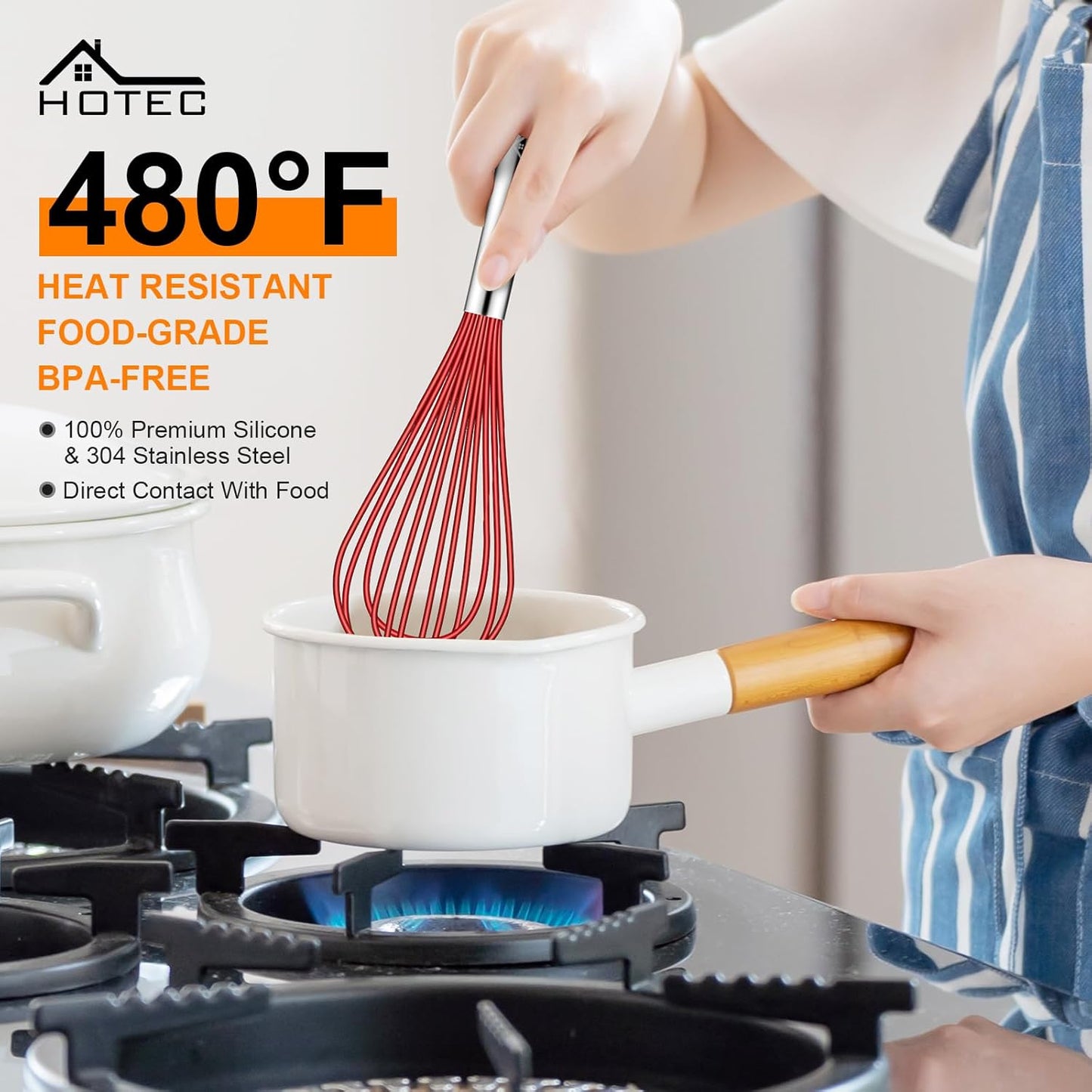 HOTEC 4 Pieces Silicone Whisks Set, Wire Balloon Whisks Egg Beater, Non-slip Handle Whisk for Non-stick Cookware Perfect for Cooking, Stirring, Beating and Blending (Red)