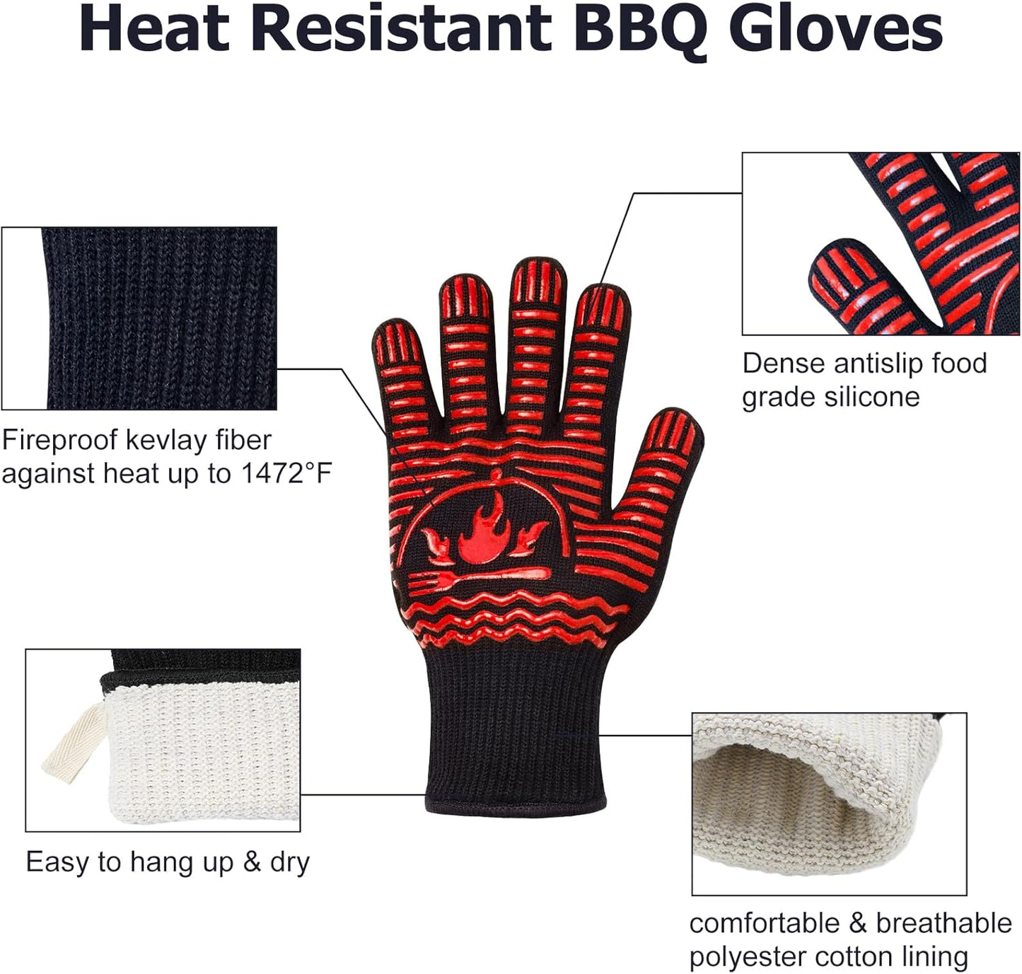 BBQ Gloves, 1472°F Extreme Heat Resistant Grill Gloves, Non-Slip Food Grade Silicone Oven Mitts Gloves for Kitchen, Cooking, Barbecue, Baking, Smoker Red (11inch)