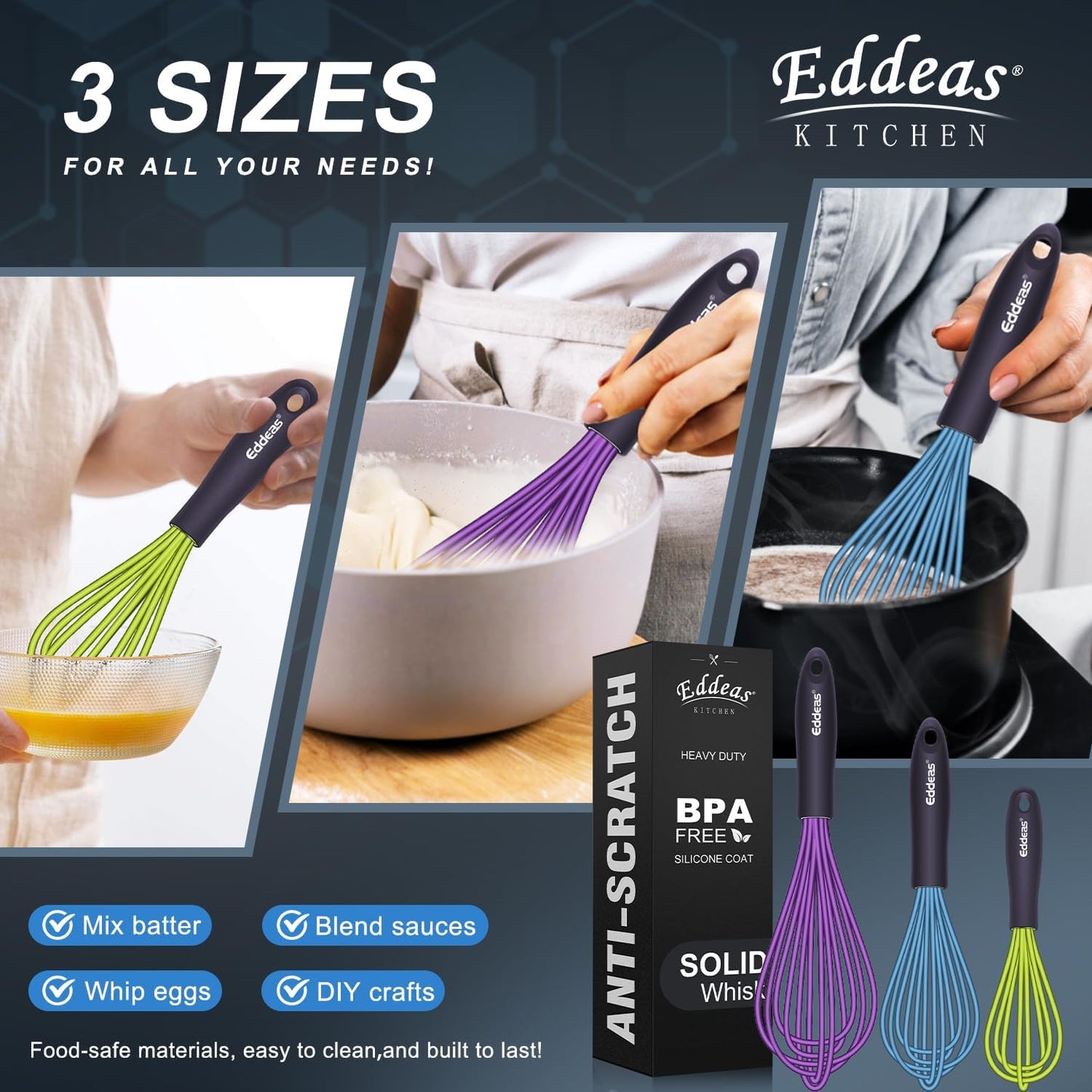 Silicone Whisk, 500°F Heat Resistant Non Scratch Coated Whisks for Cooking Baking Balloon wisk, Kitchen Whisk Tool Set, for Stirring, Beating & Blending of 3 Size 7.5"+ 9" +11 inch