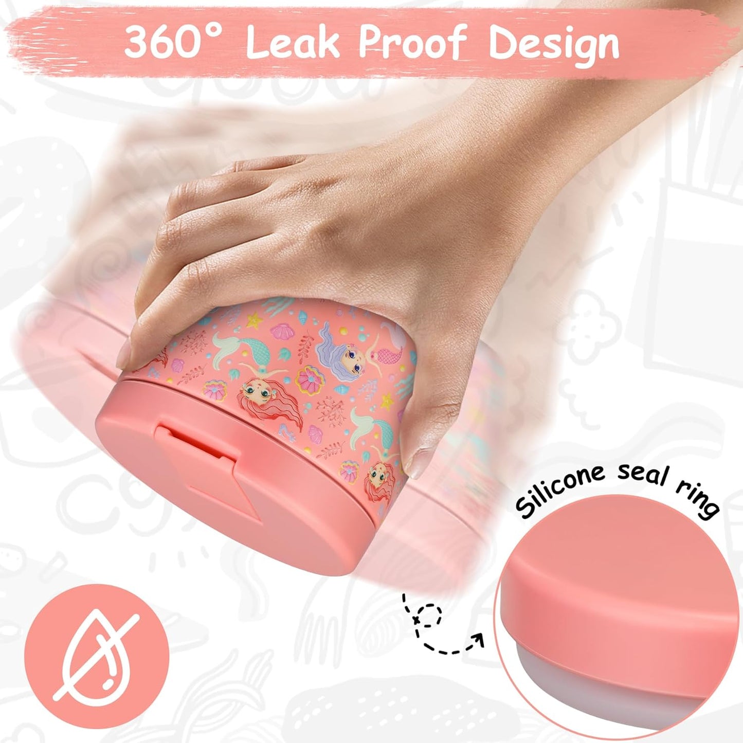 12oz Insulated Vacuum Food Jar with Buckle Lid Wide Mouth Soup Thermo for Hot Food Kids Leakproof Stainless Steel Lunch Container (mermaid)