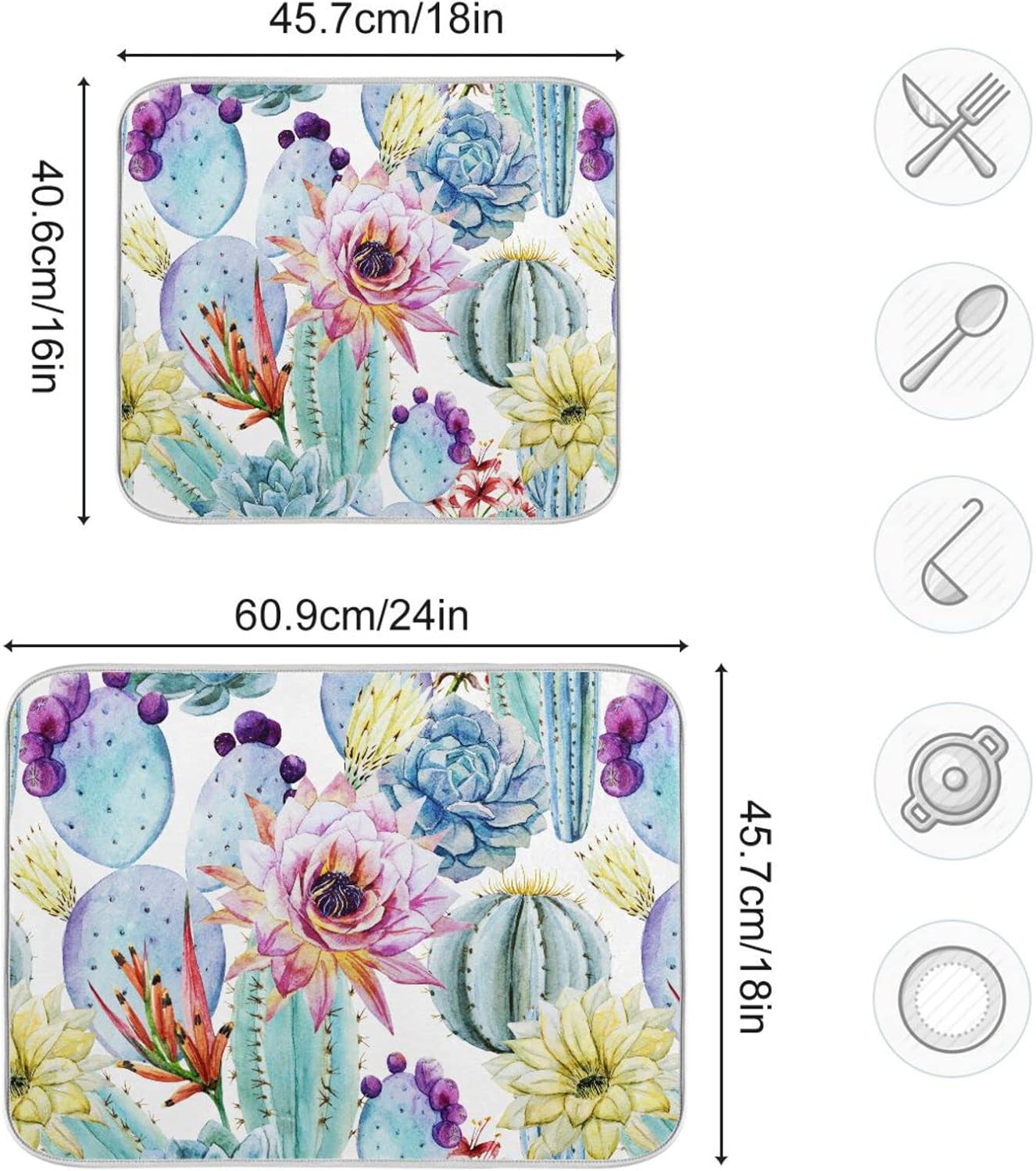 Cactus Succulent Plant Dish Drying Mat for Kitchen Counter Absorbent Microfiber Drying Pad, Medium 16x18 in, Reversible Drainer Mats