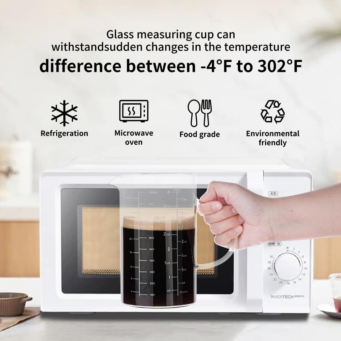 BCnmviku Glass Measuring Cup, Insulated handle, V-Shaped Spout, High Borosilicate Glass Measuring Cup 1000ML、 /1 Liter, 4 Cup for Kitchen or Restaurant, Easy To Read (1000ml-1pcs)