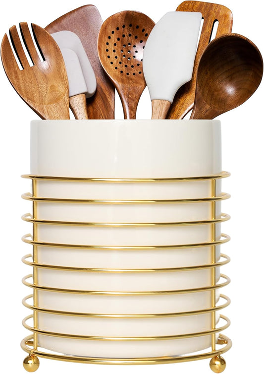 Utensil Holder for Kitchen Counter Large Cooking Utensil Holder,Gold Ring Metal Frame and White Ceramics