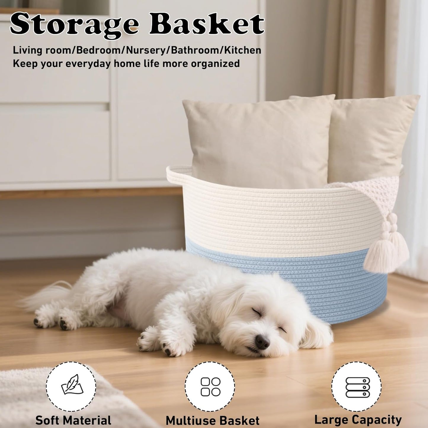 Large Blanket Basket for Organizing,65L Closet Organizers and Storage Bins Box for Shelves Woven Rope Storage Baskets,Living Room,Bedroom,Dorm,Laundry room (White&Blue)