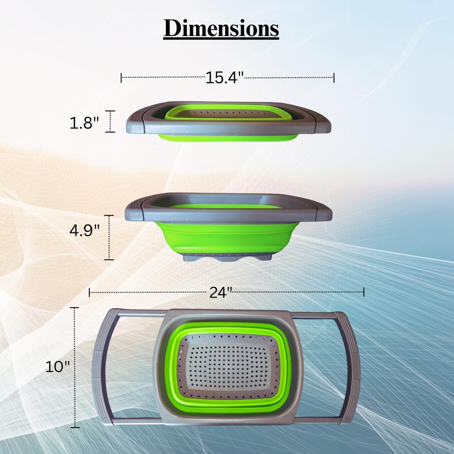 Collapsible Colander | Over the sink silicone kitchen strainer and collander with extendable handle | Clip-on silicone strainers for pots and pans|