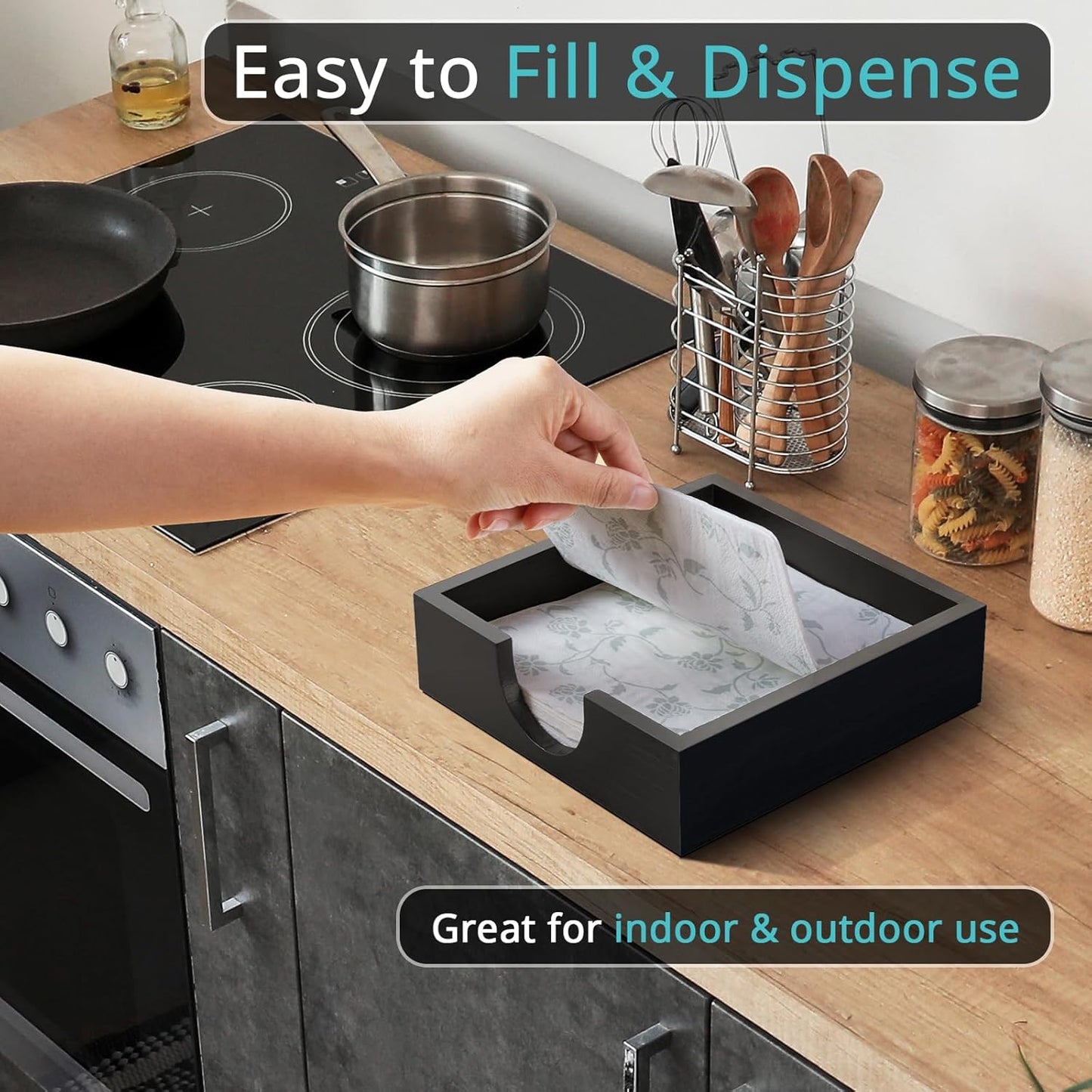 Napkin Holder for Table, Wooden Napkins Holders For Paper Napkins, Flat Napkin Holder for Luncheon, Napkin Holders for Kitchen Dinner Table Decor, Napkin Dispenser for Indoor & Outdoor Use, Black