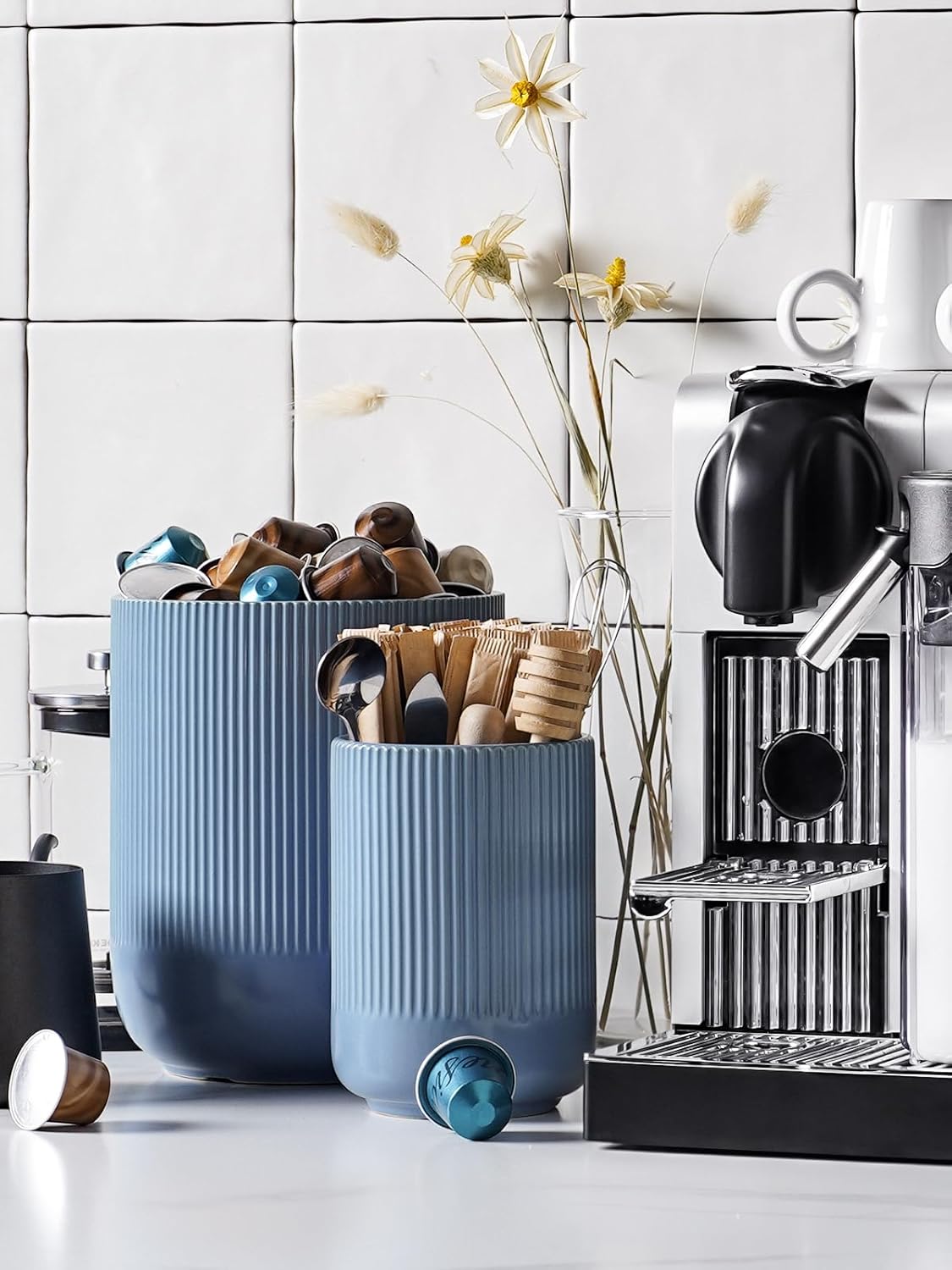 LE TAUCI Utensil Holder, 7.3"+5.4" Ceramic Kitchen Utensil Holder for Countertop, Large Cooking Utensil Crocks for Kitchen Counter, Modern Utensil Organizer for Spatula, Set of 2, Dusty Blue