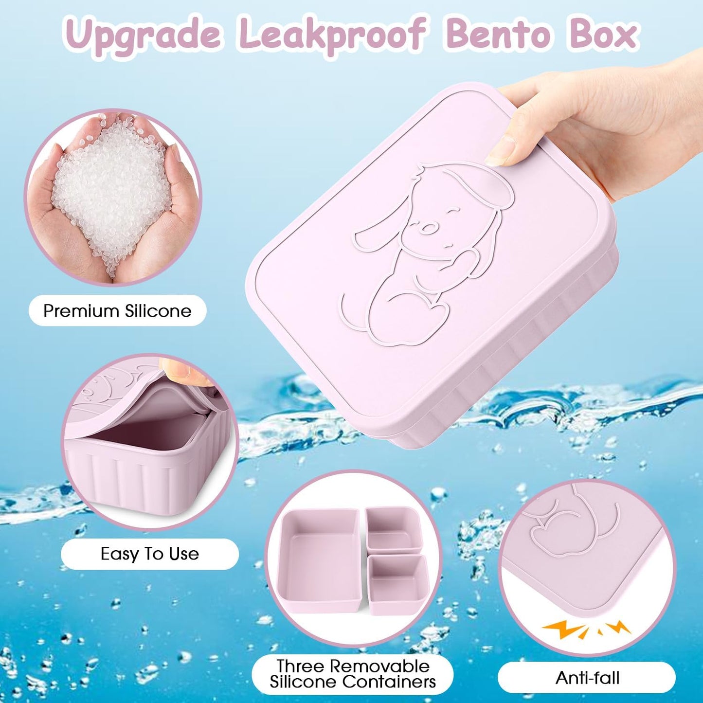 Bento Lunch Box for Kids-Reusable Silicone Kids Bento Box Lunch Container Leakproof Lunchbox Meal Prep Food Storage Containers with 3 Removable Compartments–Dishwasher Safe/BPA Free/Portion Control