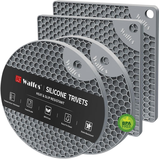 Walfos Silicone Trivet Mats - 4 Heat Resistant Pot Holders, Multipurpose Non-Slip Hot Pads for Kitchen Potholders, Hot Dishers, Jar Opener, Spoon Holder, Food Grade Silicone & BPA Free (Nordic Grey)