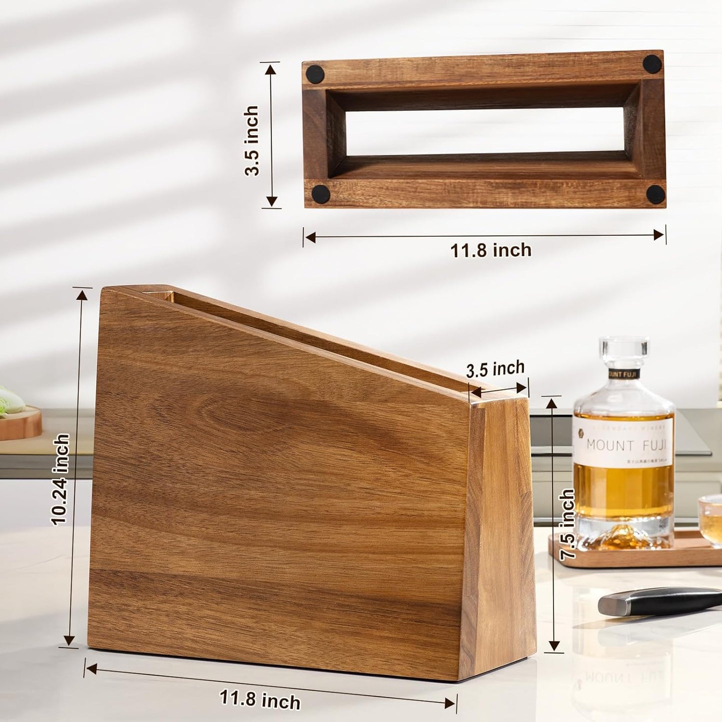 XXXL Magnetic Knife Block 11.8x10 inches, 4-Side Universal Knife Holder Builted in Powerful Magnet, Natural Acacia Wood Knife Storage Organizer for Kitchen Display