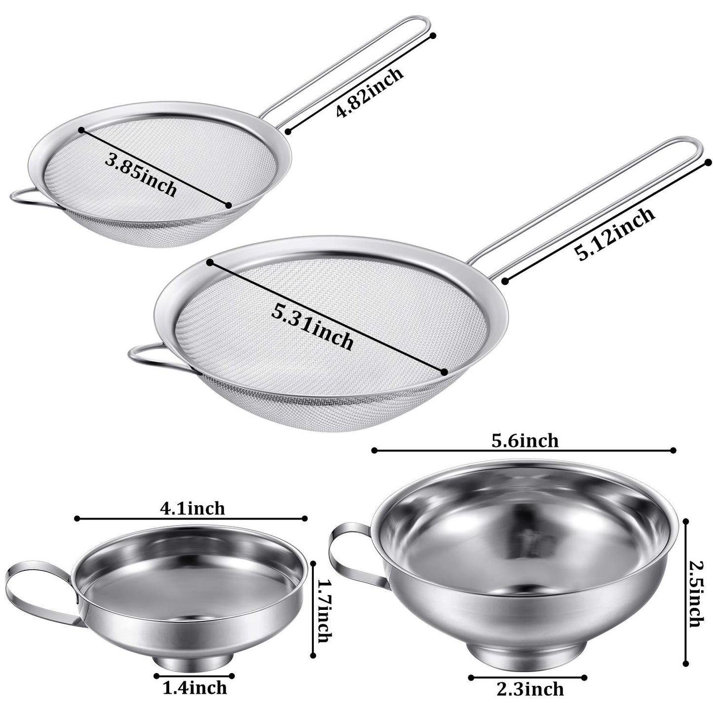 Boao 4 Pieces Stainless Steel Funnels with Fine Mesh Strainer, Household Kitchen Canning Funnels with Stainless Steel Colander