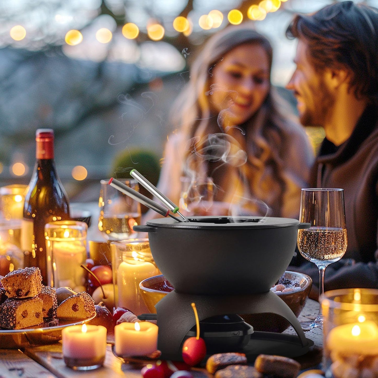 Artestia 5-Cup Cast Iron Fondue Pot for Chocolate, Cheese Fondue Pot with 6 Colored Forks for Fondue Party, 4-6 Person, Black