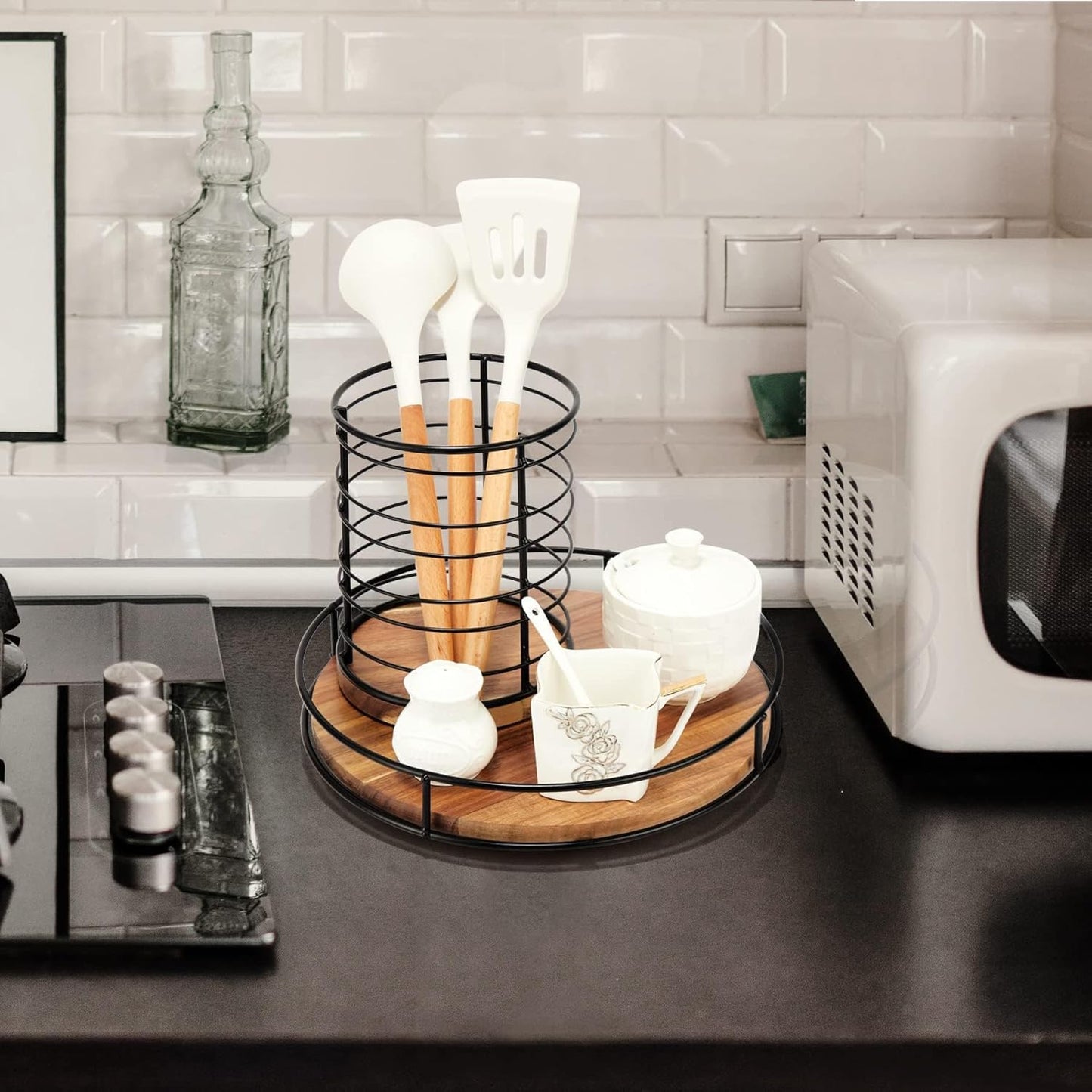 12" Acacia Wood Lazy Susan Turntable, Tomoaza Kitchen Organizer Turntable with Steel Sides, 360 Degree Lazy Susan for Countertop Cabinet or Dining Table(Black)