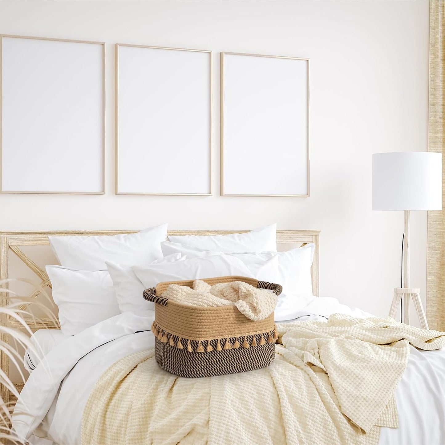 TeoKJ Set of 3 Baskets for Organizing, Decorative Rope Baskets for Storage, Storage for Pets, books, Pillows, Toys & Cloths, Black & Jute