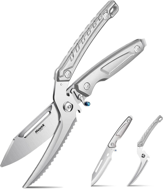 Huusk Heavy Duty Poultry Scissors - Kitchen Scissors with Serrated Edge, Detachable Sharp Shears for Cutting Meat, Chicken Bone and Turkey, All Purpose for Thanksgiving (Silver)