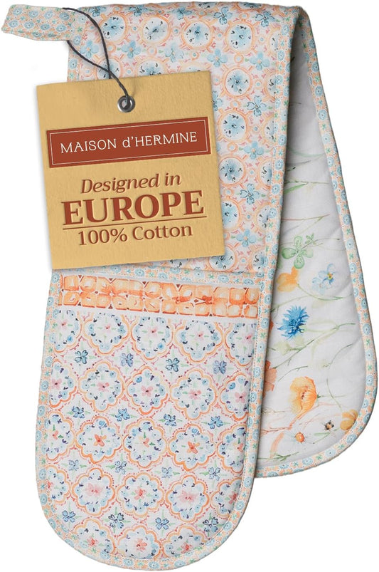 Maison d' Hermine Double Oven Mitts 100% Cotton 7"x35" Double Oven Mitt Heat Resistant BBQ Cooking Gloves with Loop, Baking, Grilling, Home, Kitchen, Handling Hot Pans Spring Summer (Summer Whisper)