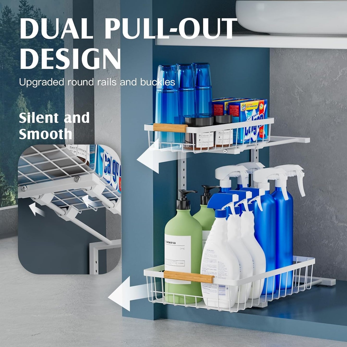 Metal Under Sink Organizers and Storage, 2 Tier Under Sink Organizer Pull Out, Adjustable Under Kitchen Sink Organizer, Sliding Cabinet Organizer for Bathroom, White