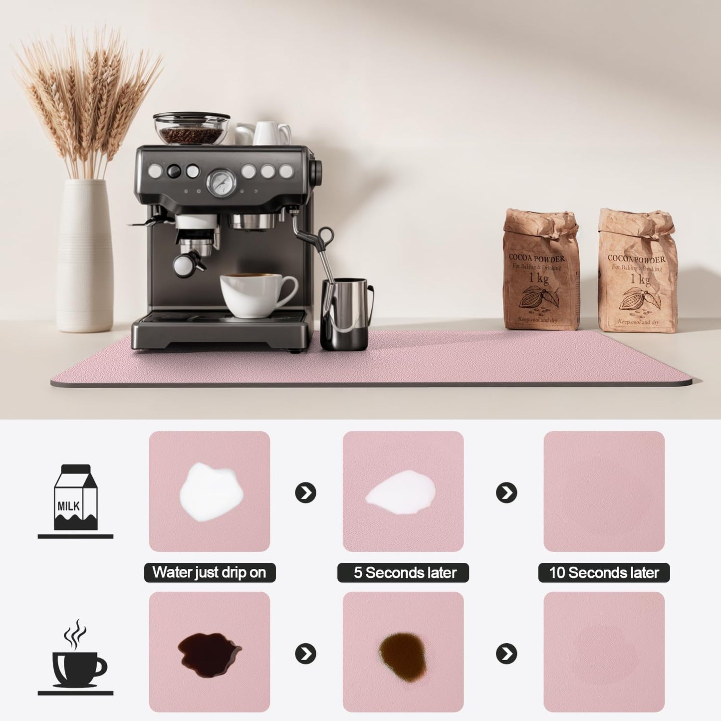 Dish Drying Mat for Kitchen Counter | Coffee Bar Mat for Countertops | Heat Resistant Drainer Mat with Non-slip Rubber Backed | Hide Stain Kitchen Absorbent Draining Mat | Pink 16"x18"