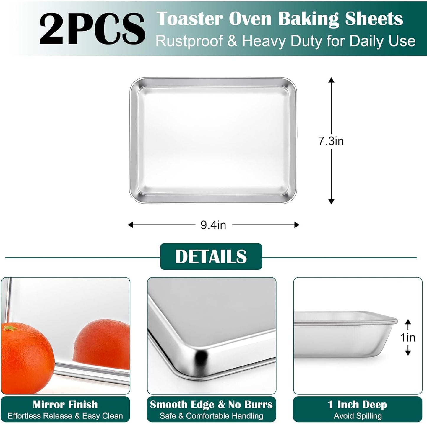 E-far Small Baking Sheet with Wire Rack (2 Pans + 2 Racks), Stainless Steel Cookie Sheets Trays & Cooling Rack for Toaster Oven, Non Toxic & Warp Resistant, Oven & Dishwasher Safe, 9.4 x 7.3 x 1 Inch