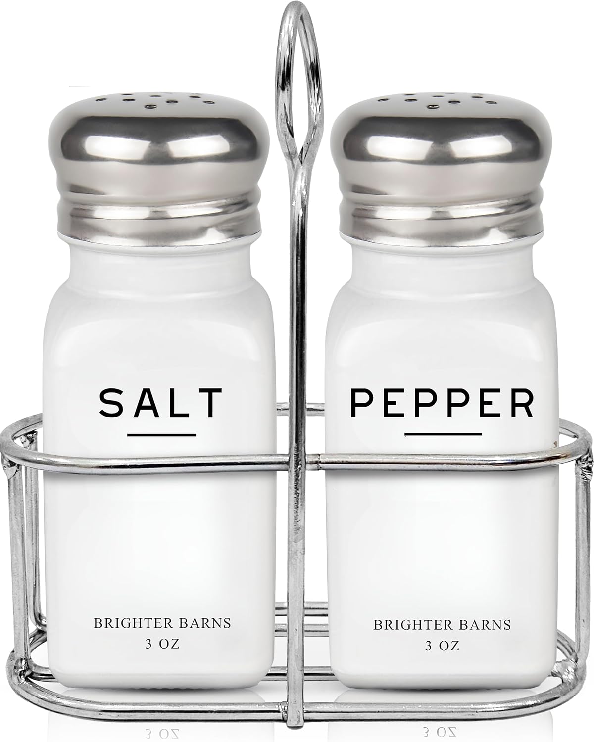 White Salt and Pepper Shakers Set with Holder by Brighter Barns - Neutral Minimalist Glass Salt Shaker with Caddy - Dining Table Decor, Modern Kitchen Accessories for Restaurant, Hotel, Airbnb (White)