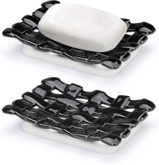 Shinowa Self Draining Soap Dish, Dual Layer Soap Container, Woven Ceramic Soap Tray + Diatomaceous Earth Base, Dish Soap Holder for Kitchen, Bathroom, Shower, Quickly Drain Water, Easy to Clean