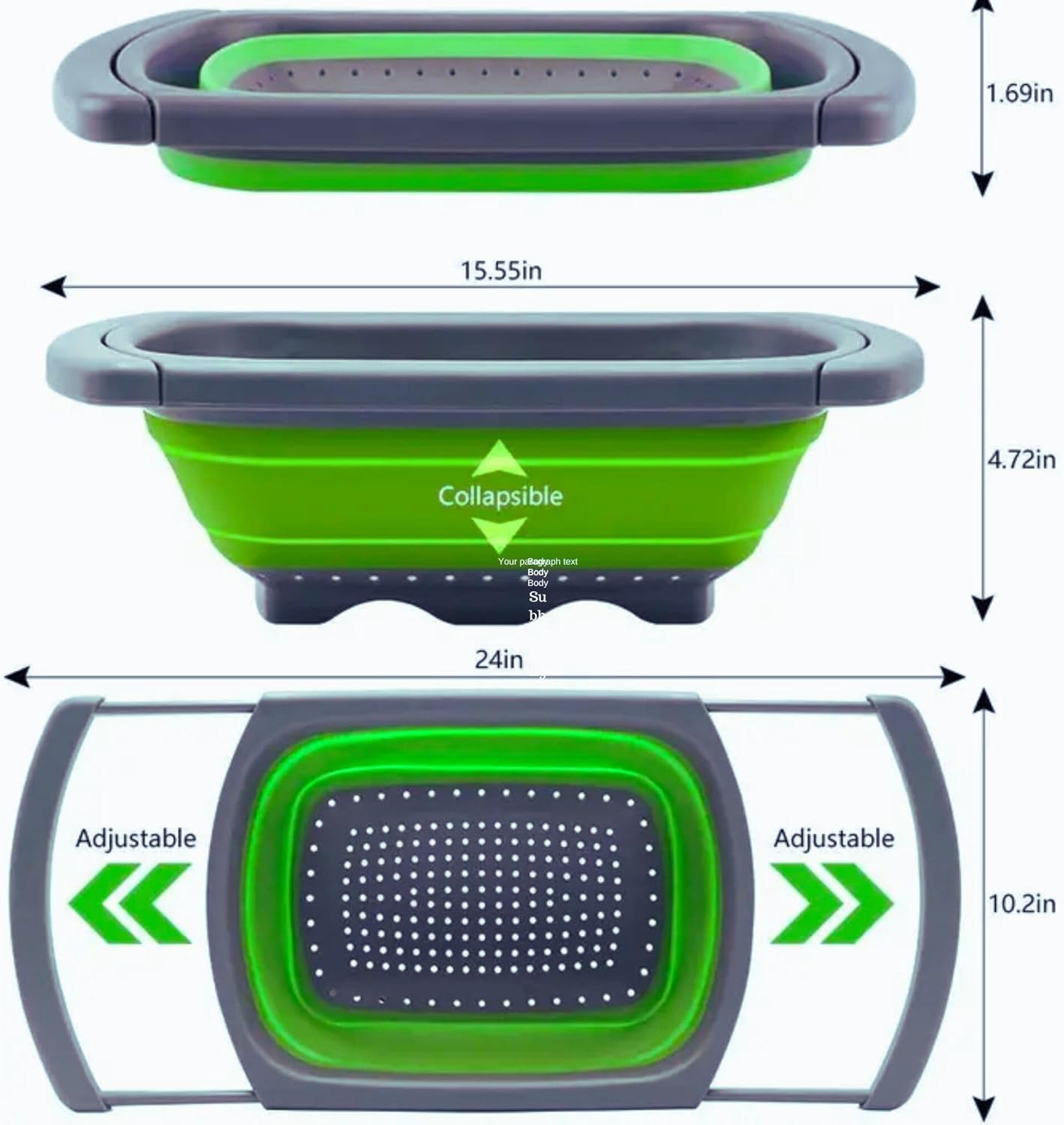Collapsible Silicone Over-the-Sink Colander – 6-Quart Foldable Strainer with Extendable Handles & 3 Bonus Peelers, Perfect for Vegetables, Fruits, and Pasta (Green)