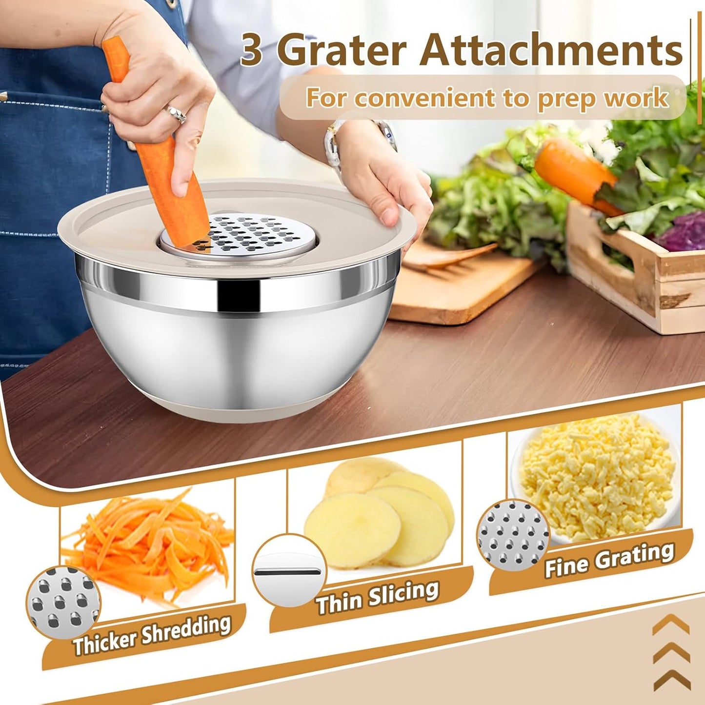 P&P CHEF Mixing Bowl with Lids Set of 3, Stainless Steel Nesting Salad Bowls for Serving Preparing, 3 Grater Attachments & Non-Slip Bottoms, Size 1.5/2.6/4.6 QT, Khaki