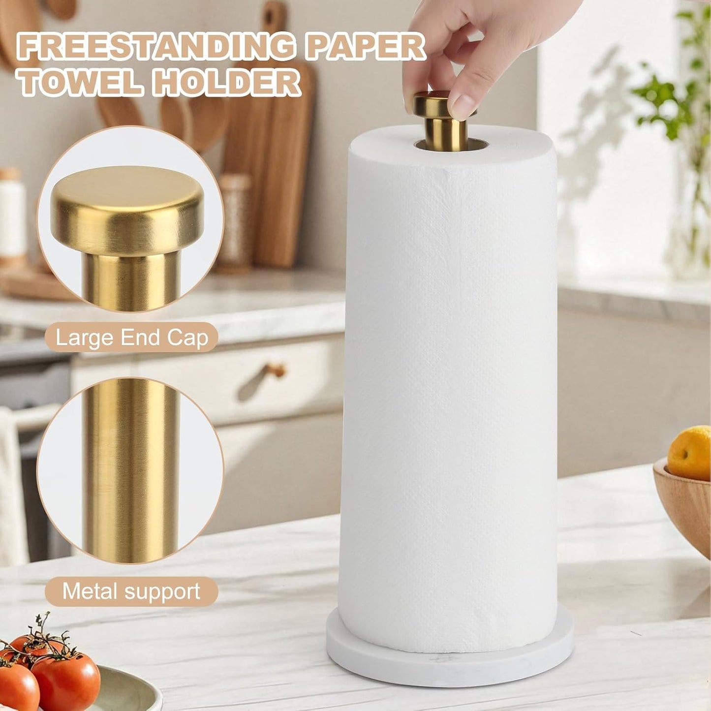 Standing Paper Towel Holder, Kitchen Paper Towel Roll Holder- for Bathroom Kitchen Countertop with Weighted Marble Base for One-Handed Operation (Gold), Marble Paper Towel Holder.…