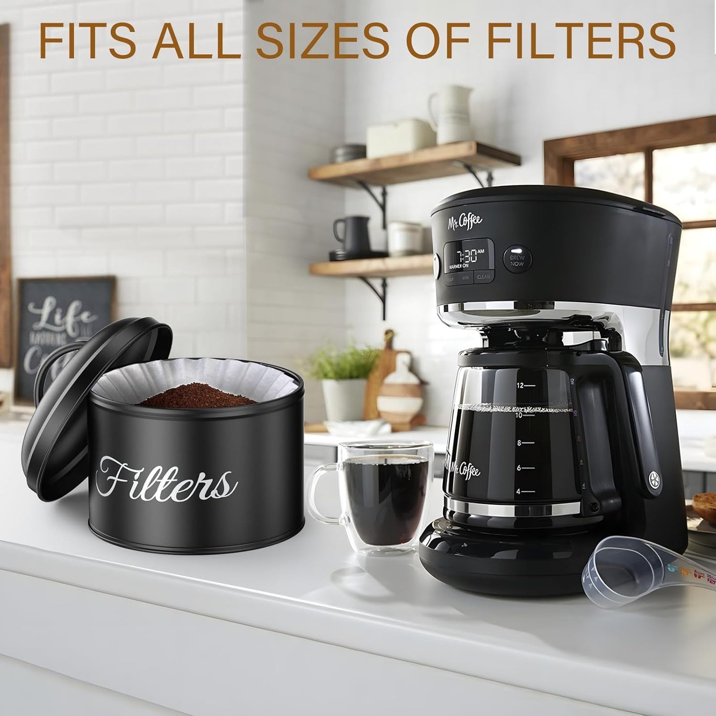 Coffee Filter Holder for Counter, Large Basket Coffee Filter Storage with Lid, Round Container for Bar Accessories Decor (Black)