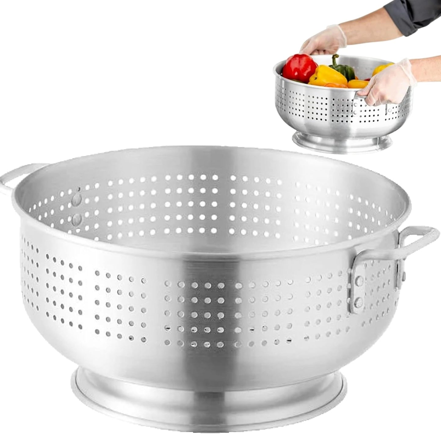 12 Qt. Aluminum Colander with Base and Handles – Heavy Duty Commercial Strainer with Full-Ring Welded Bottom, (15 inches in Diameter) -16-Gauge – Perfect for Pasta, Fruits, Vegetables (1, 12 Quart)