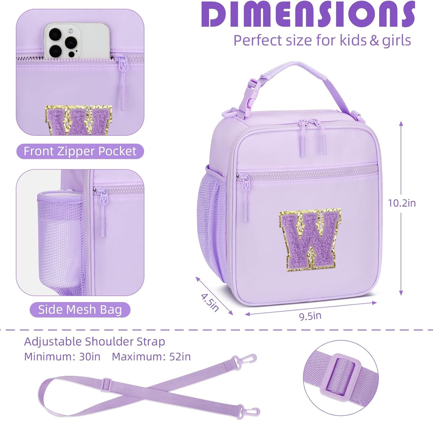 Initial Insulated Lunch Bag for Girls Kids, Back to School Gift, Reusable Leak-proof Lunch Box with Adjustable Strap for School Daycare Travel Picnic (Purple,W)