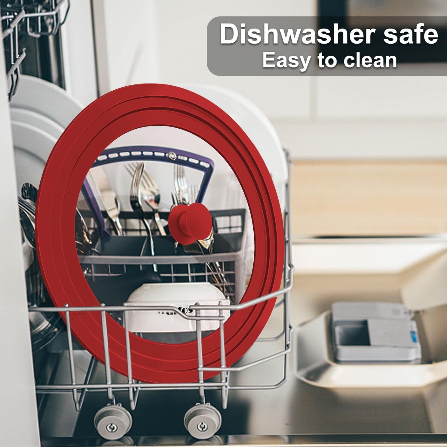 Universal Lid for Pots, Pans and Skillets - Walfos Tempered Glass Pan Lid with Heat Resistant Silicone Rim, BPA Free Large Pot Lids Fits 10", 11" and 12" Diameter Cookware, Dishwasher-Safe, Red