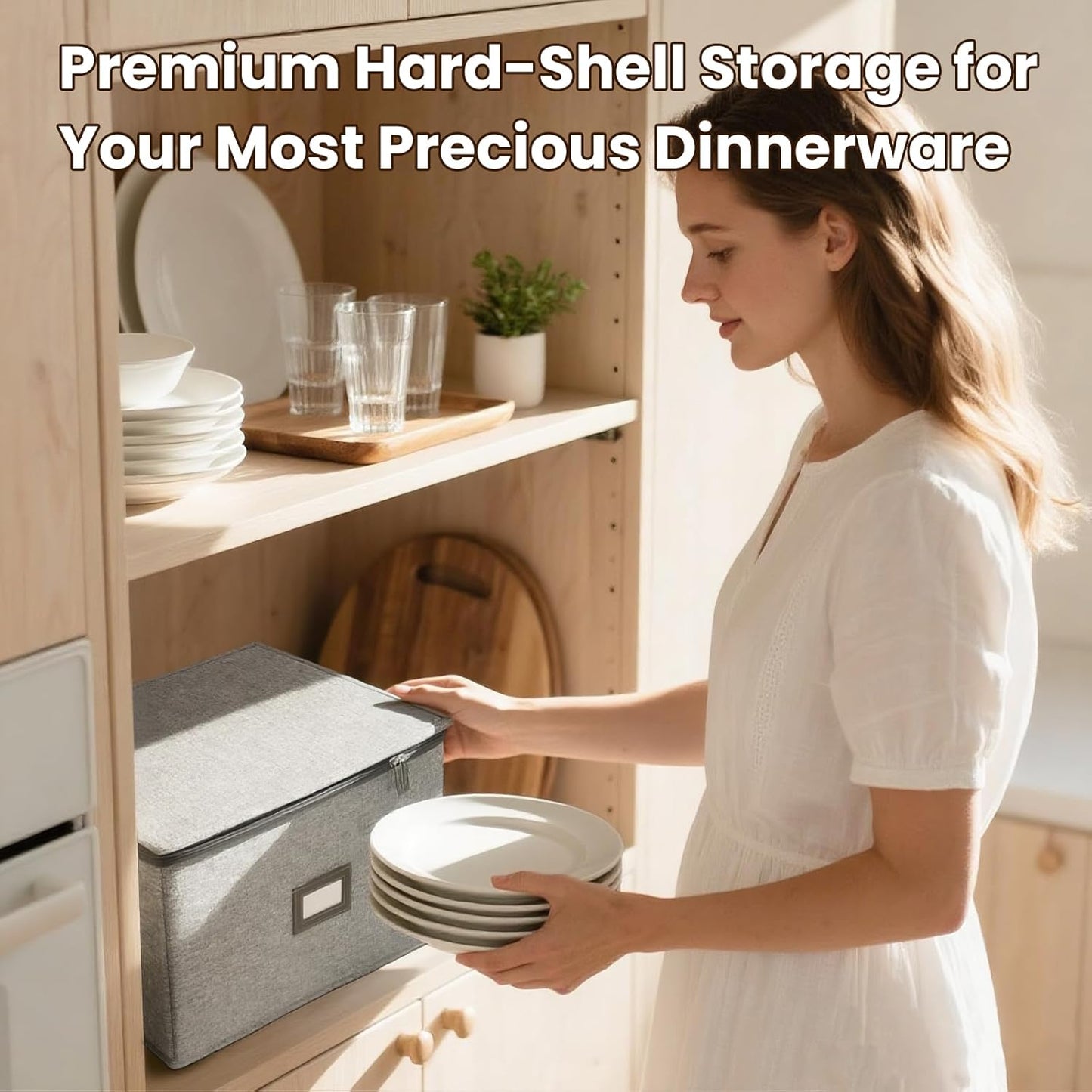 HOMELUX THEORY Hard Shell China Storage Containers, 8pc Light Gray Mug & Plate Storage Box, Kitchen Storage Bins With Lids, Heavy Duty Moving Box with Handles for Dishes, Silverware, Cup & Mug