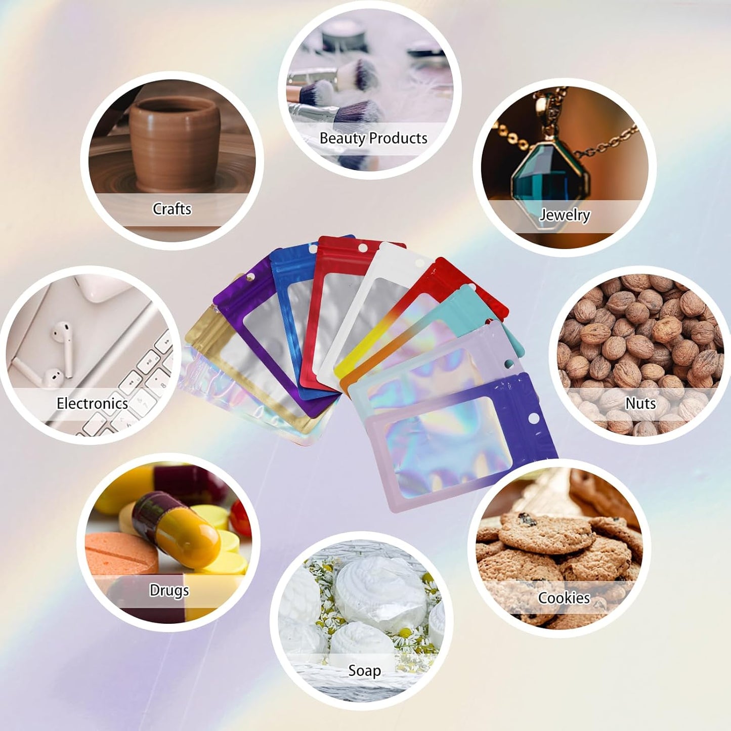 200 Pack Resealable Mylar Holographic Bags Food Storage Smell Proof Bags with Front Window Foil Packaging Pouch for Candy Sample Jewelry Small Business 3.54×6.29 Inch, White