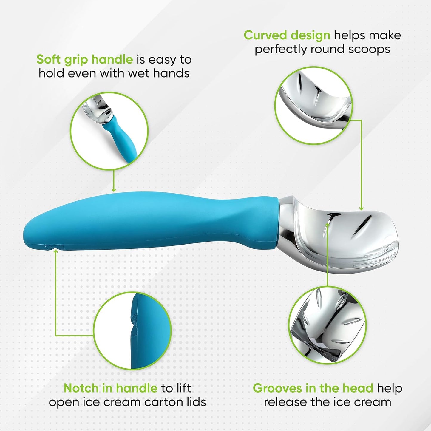 Spring Chef Ice Cream Scoop with Comfortable Handle, Professional Heavy Duty Sturdy Scooper, Premium Kitchen Tool for Cookie Dough, Gelato, Sorbet, Teal