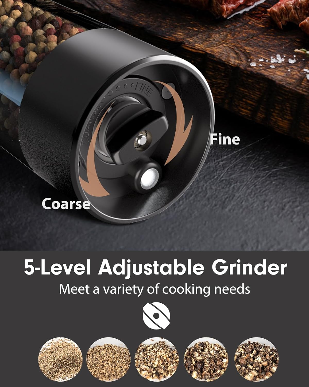 TOMEEM Upgraded Larger Capacity Electric Salt and Pepper Grinder Set Rechargeable with LED lights, Stainless Steel Automatic Pepper and Salt Grinder Refillable with 5 Adjustable Coarseness Black