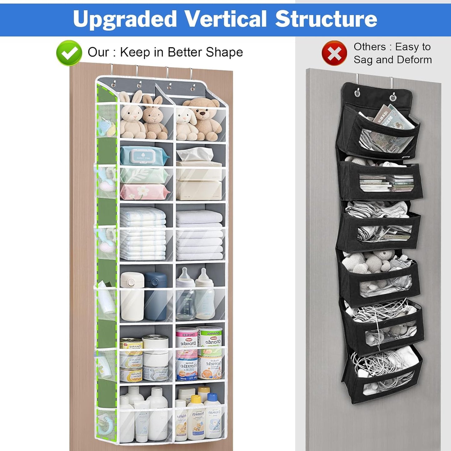 Univivi Over the Door Organizer, 6 Tiers Behind Door Storage with Clear Deep Pockets Hanging Organizer for Closet, Bedroom, Nursery, Bathroom and Sundries (Grey)