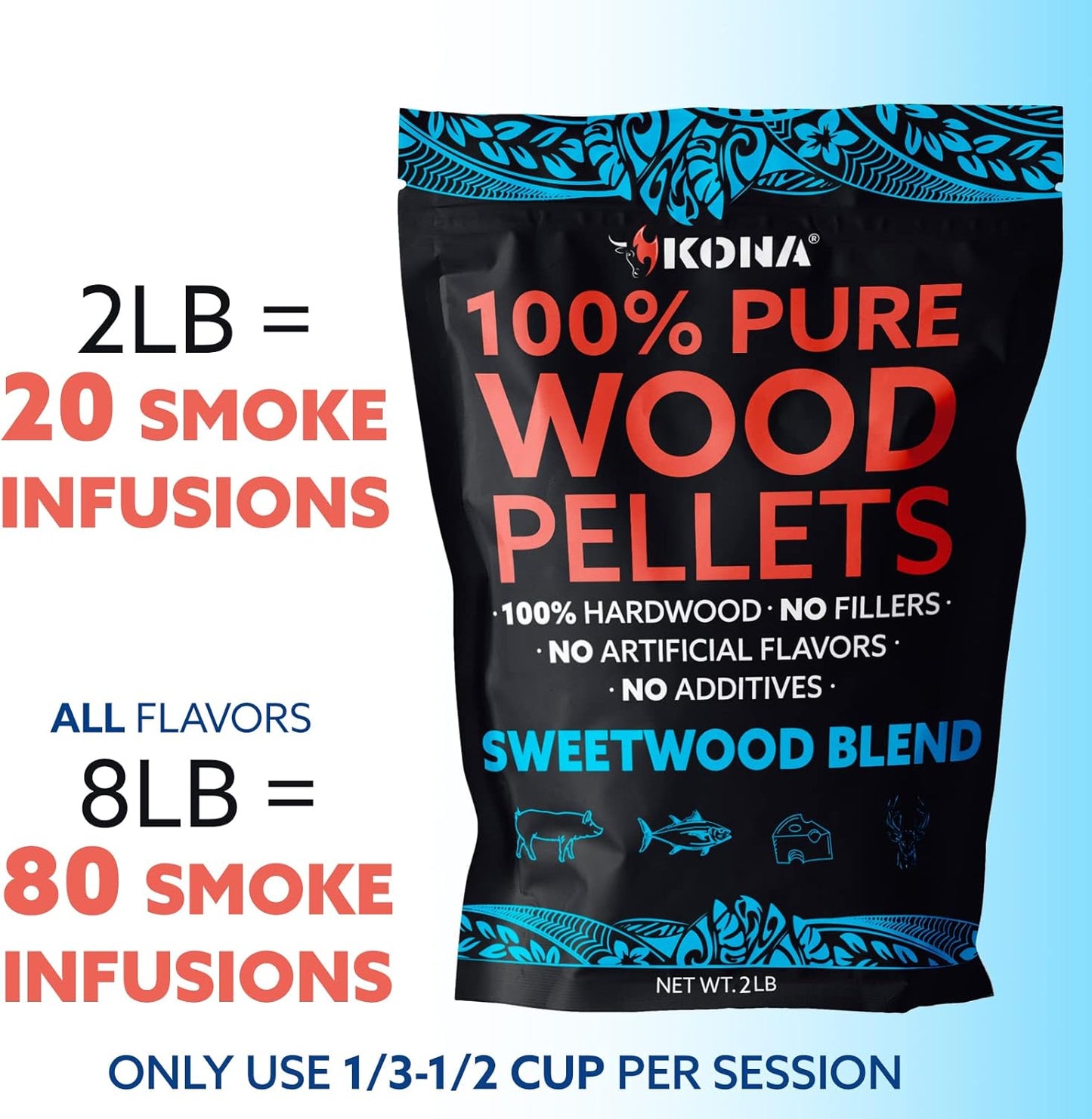Kona Best Wood Smoking Pellets - Grilling Smoker Tube Pellets Variety Pack - 100% Hickory, Kona Premium Blend, 100% Oak, Kona Signature Sweetwood Blend - 2 Pound Bags