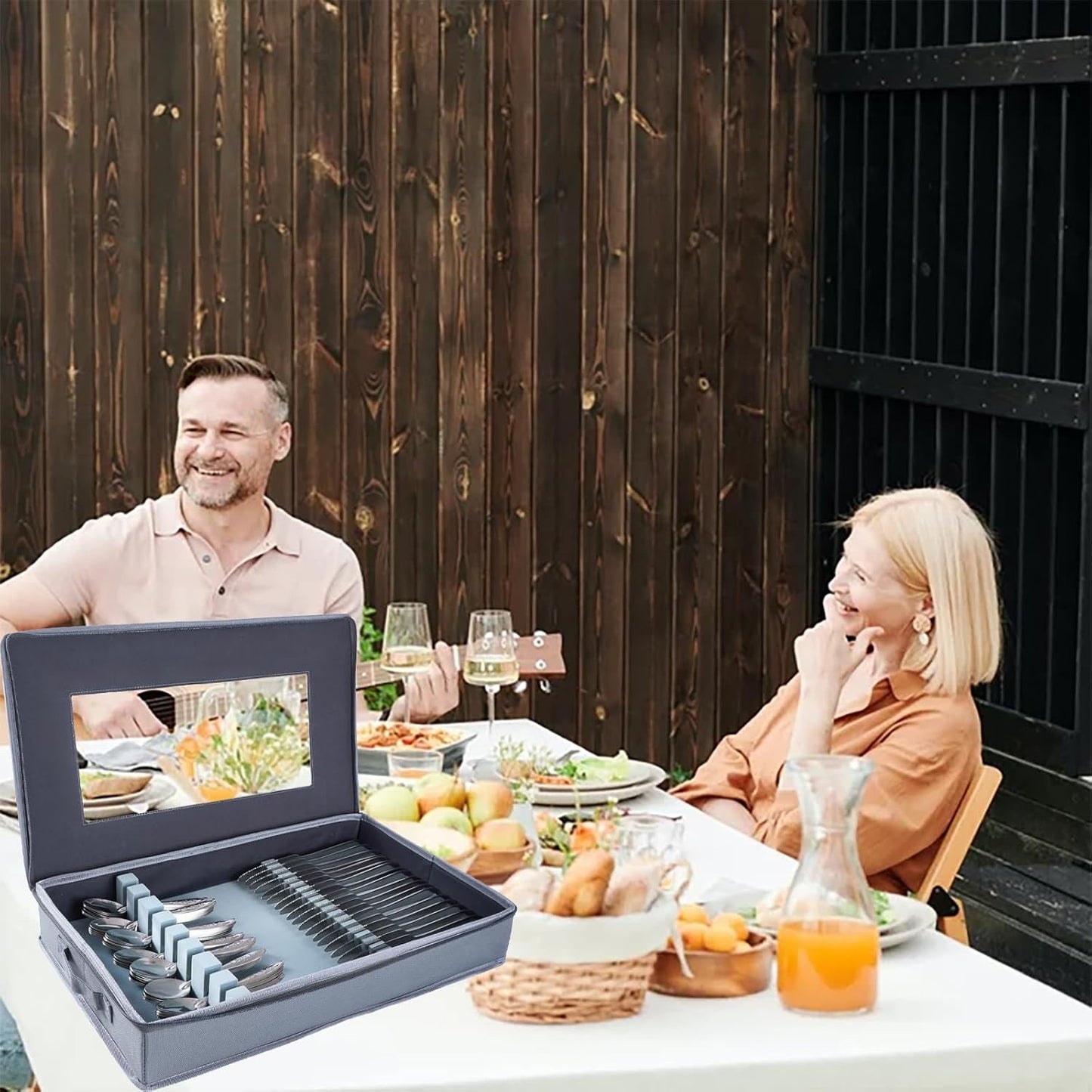Zippered Silverware Storage Box, with Felt Lined and Clear Lid, Gray Fabric Chest Case for Storage and Organizing Utensils, Silverware, Flatware, Cutlery, Large Containers(No Cutlery Included)