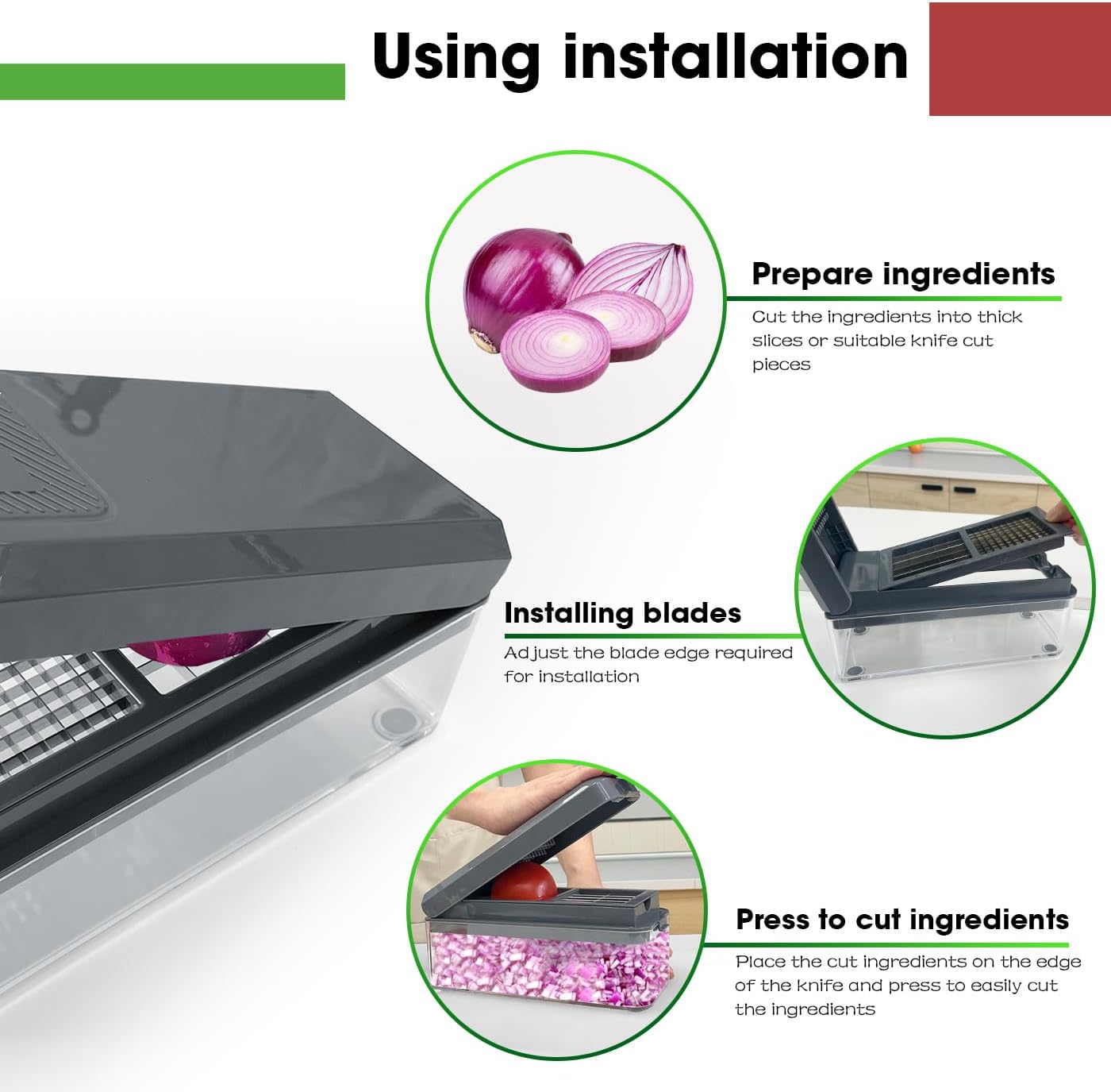 Vegetable Chopper, Onion Chopper Dicer, Mandoline Slicer with Container, Vegetable Cutter for Salad Potato Carrot Garlic（2 Blades, Grey）