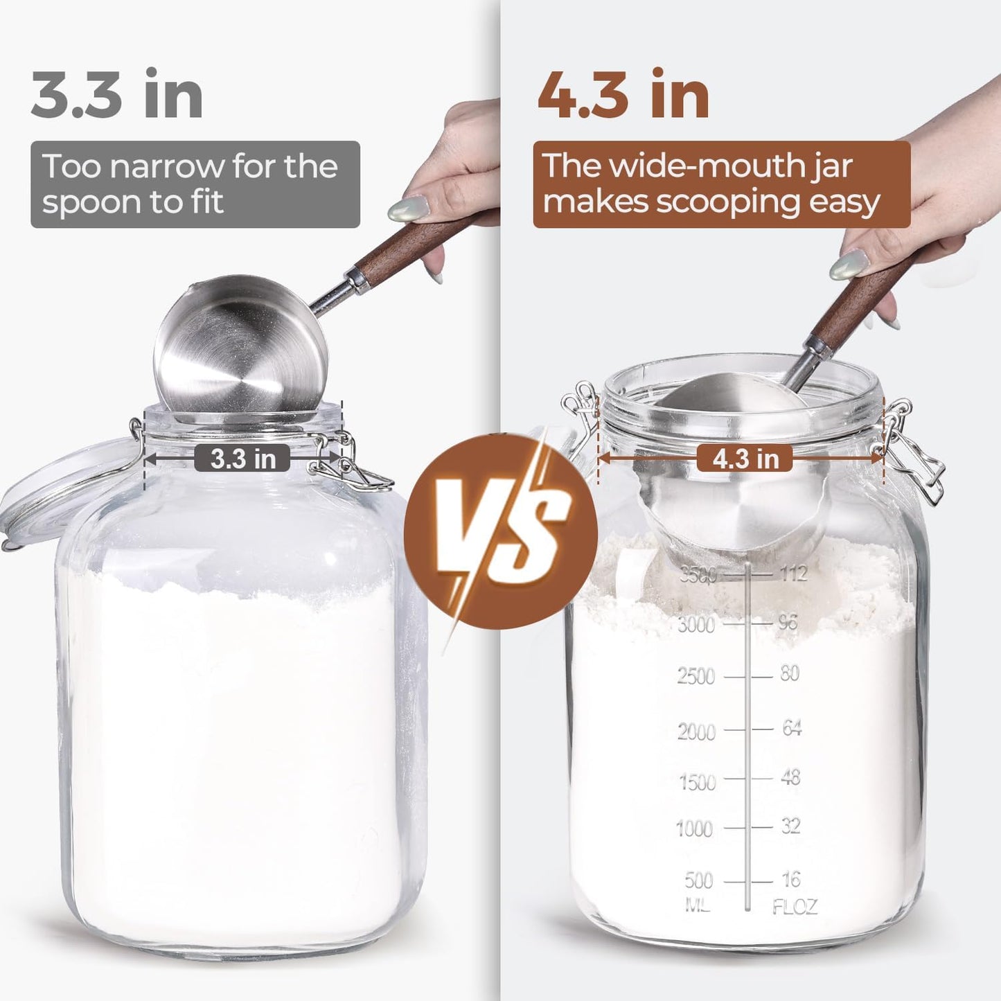 ComSaf Large Glass Storage Containers with Lids, 1.1 Gallon Glass Jar with airtight Lid for Rice, Wide Mouth Mason Jars with Measurement Mark, Flour Sugar Storage Containers 135oz, Set of 2, Square