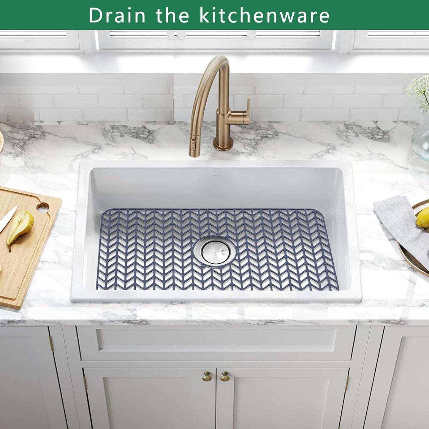 Silicone Protectors for Kitchen Sink, GUUKIN 26''x 14'' Sink Mat Grid for Bottom of Farmhouse Stainless Steel Porcelain with Center Drain (Grey)