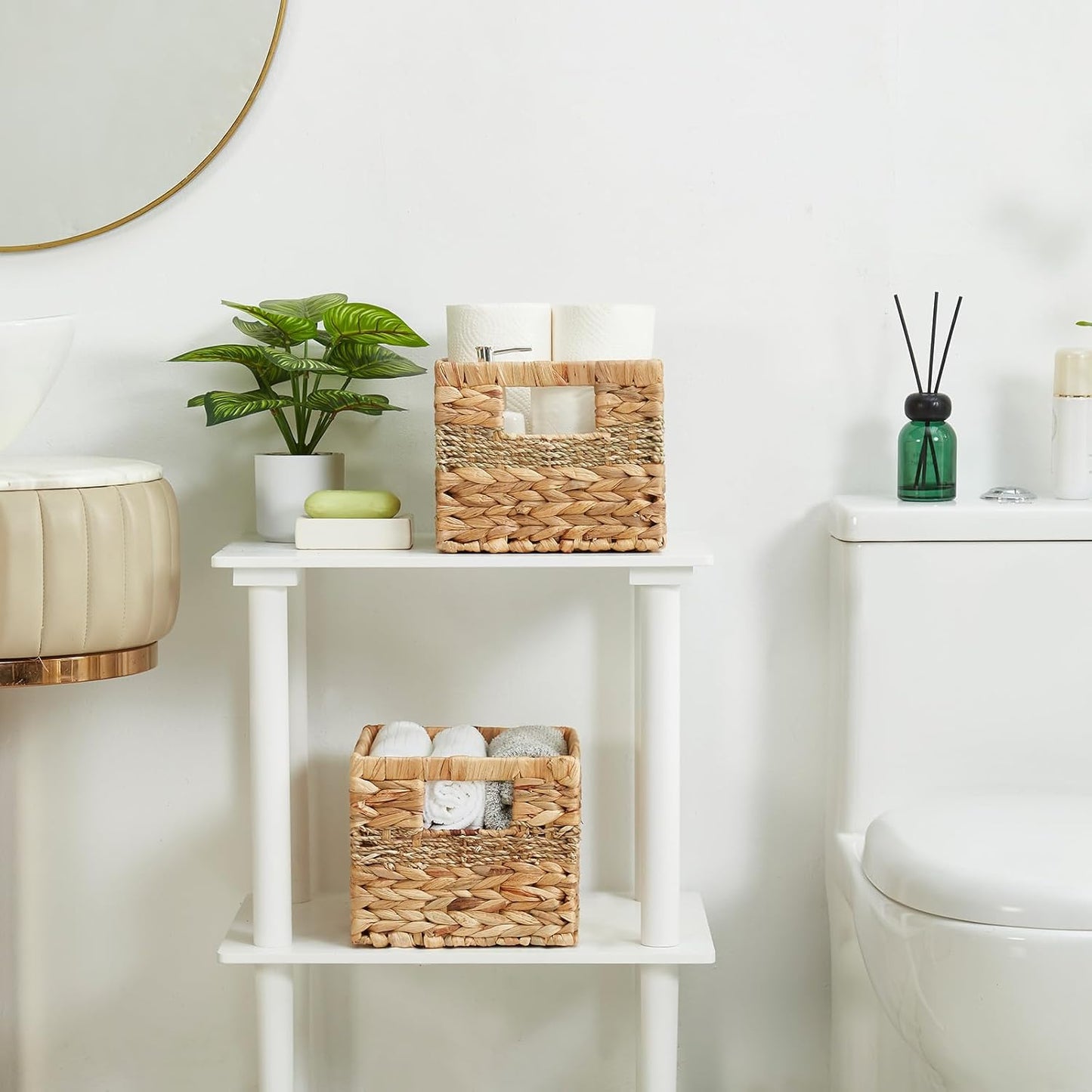 Hand-woven Water Hyacinth Baskets, Pantry Organizers and Storage with Handles, Decorative Wicker Baskets for Organizing Shelves, Laundry (10x8.5x7in 2-Pack, Natural Hyacinth)