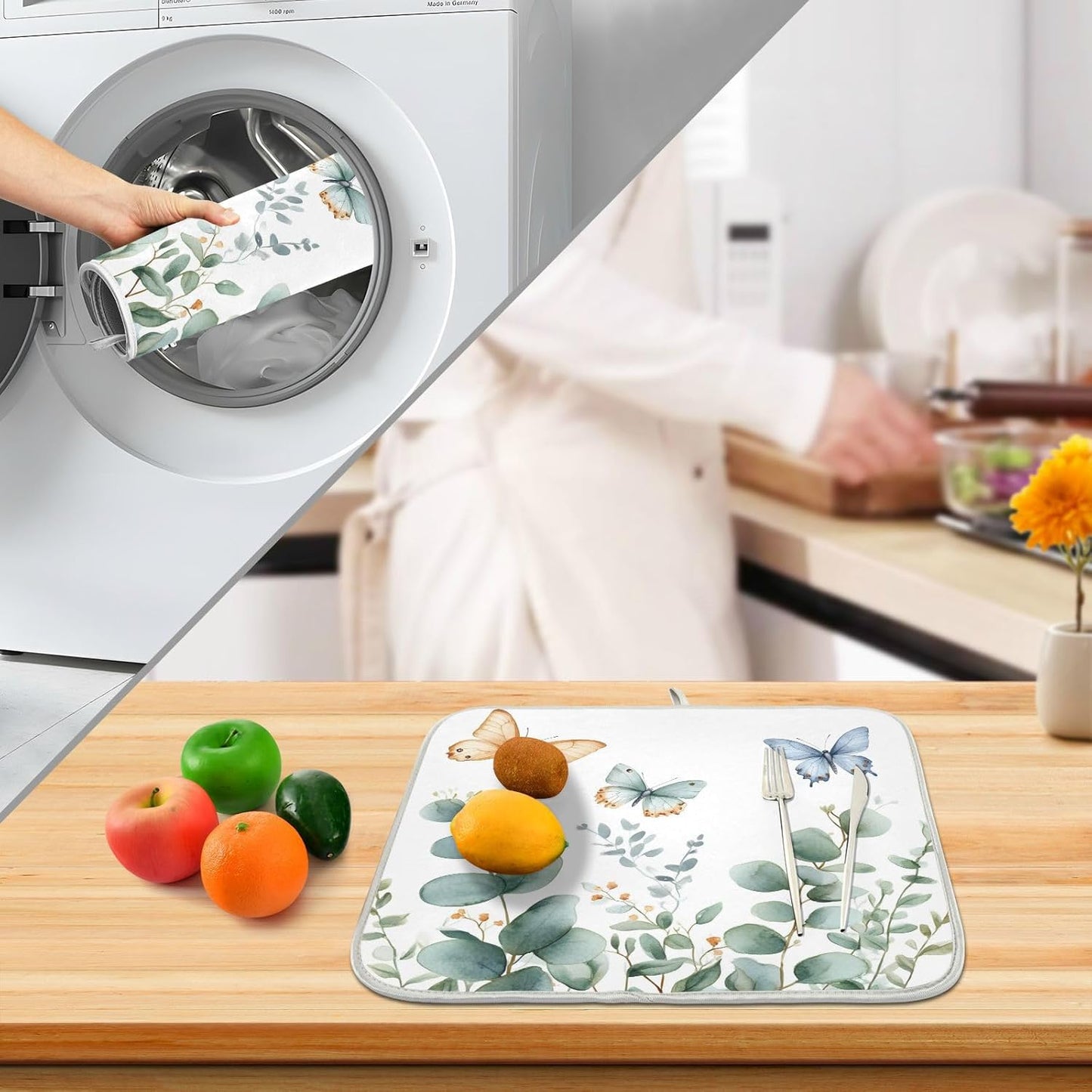 Spring Eucalyptus Green Leaf Dish Drying Mat for Kitchen Counter Absorbent Microfiber Small Drying Pad Dish mats for Kitchen Countertops 16 x 18 Inch