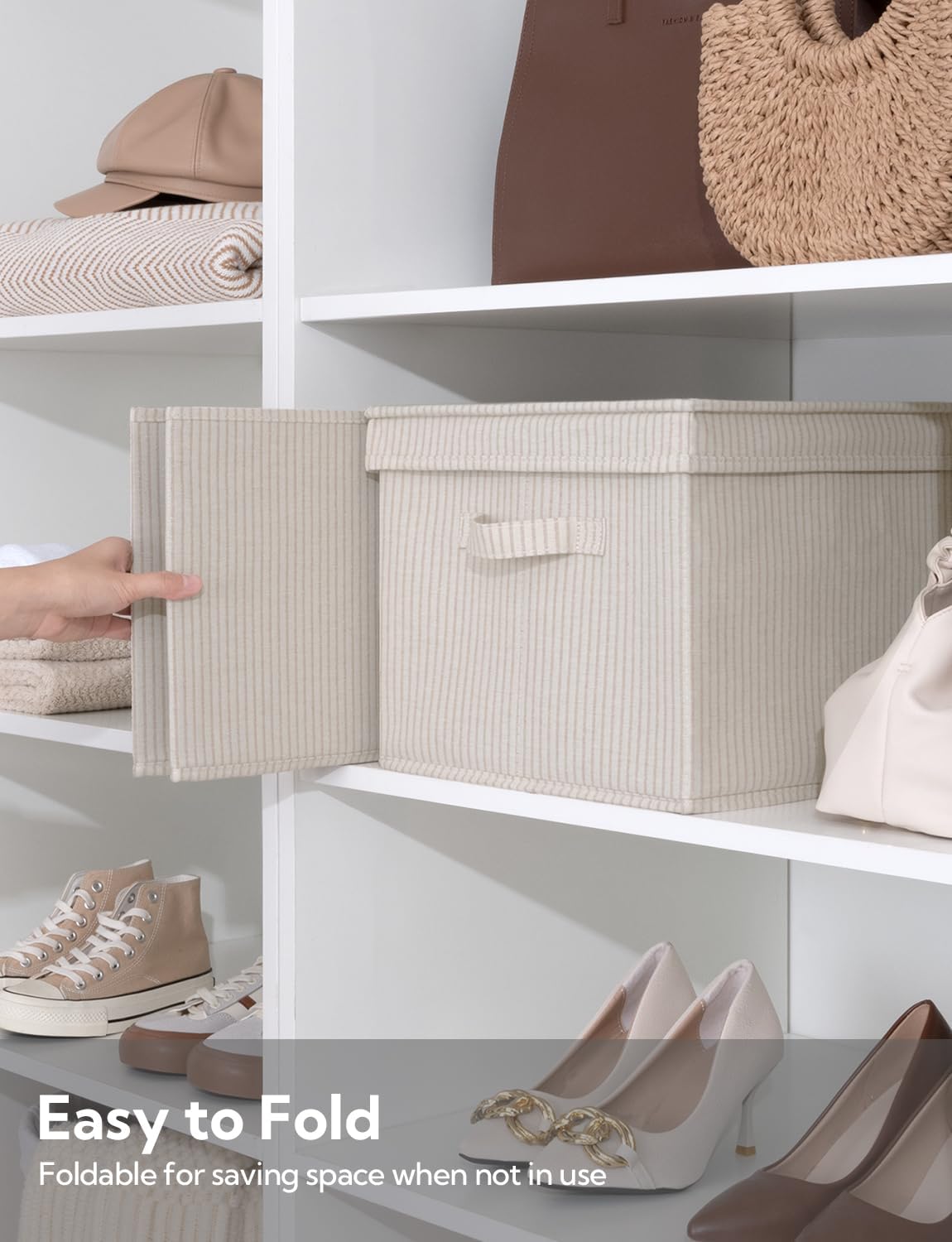 StorageWorks Storage Bins with Lids, Decorative Storage Boxes with Lid and Handles, Foldable Storage Baskets for Closet, Shelves, Stackable, Khaki Stripe, Jumbo, 3-Pack