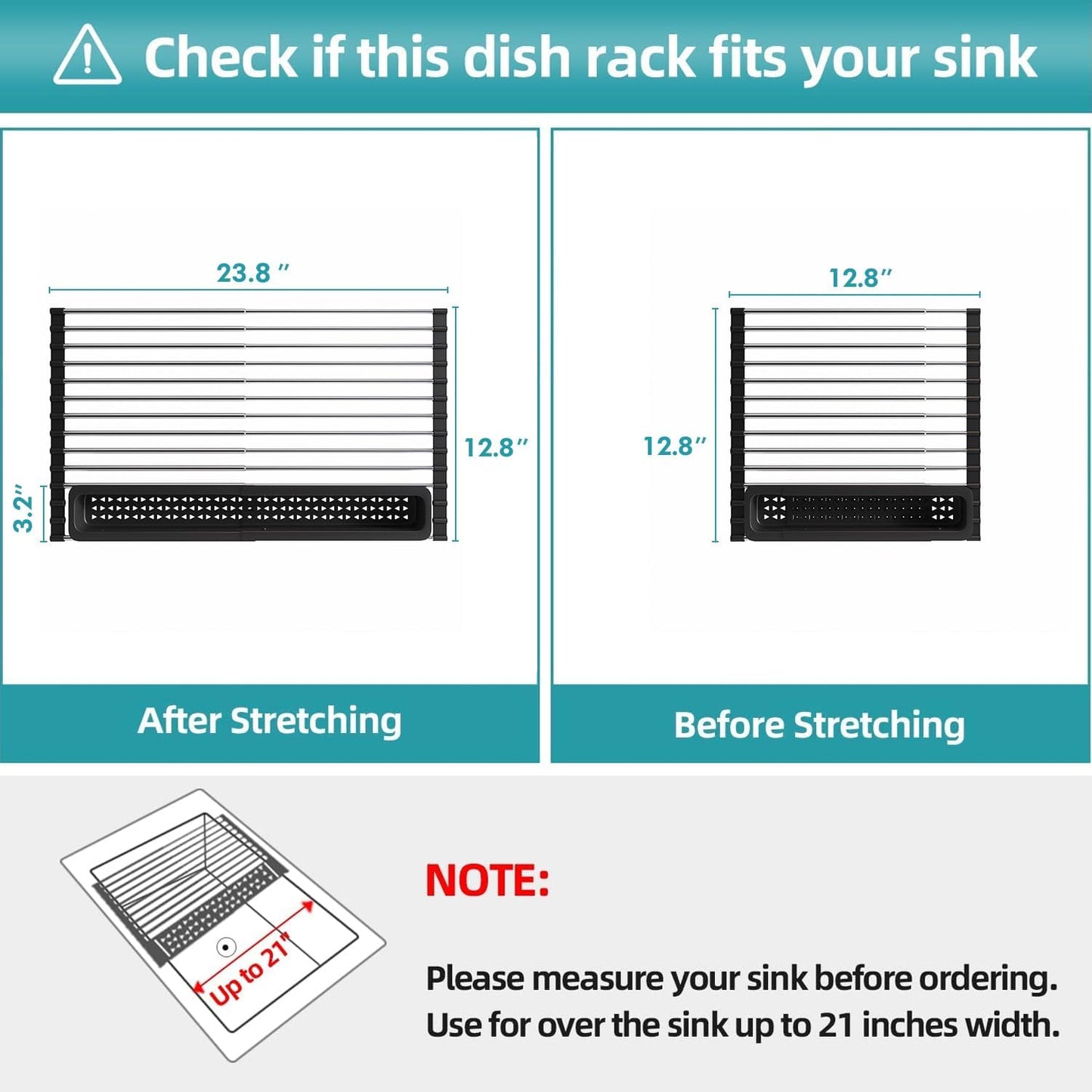 JASIWAY Roll Up Dish Drying Rack, Expandable (12.8"-23.8" D x 12.8" W) Stainless Steel Portable Over The Sink Dish Drainer for Kitchen Sink Counter, Foldable Sink Cover with Removable Utensil Holder